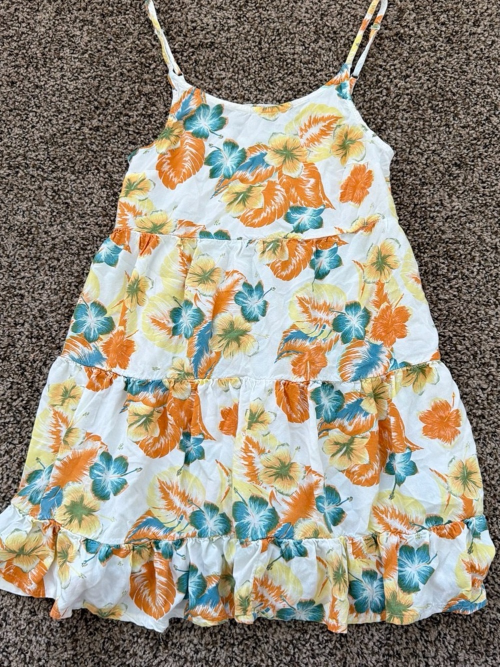 Roxy White Tiered Sundress with Orange, Teal and Yellow Floral Print